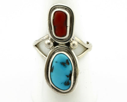Navajo Ring .925 Silver Red Coral & Blue Turquoise Native Artist C.80's