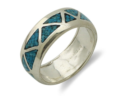 Navajo Chip Inlay Ring 925 Silver Sleeping Beauty Turquoise Artist Silver Cloud