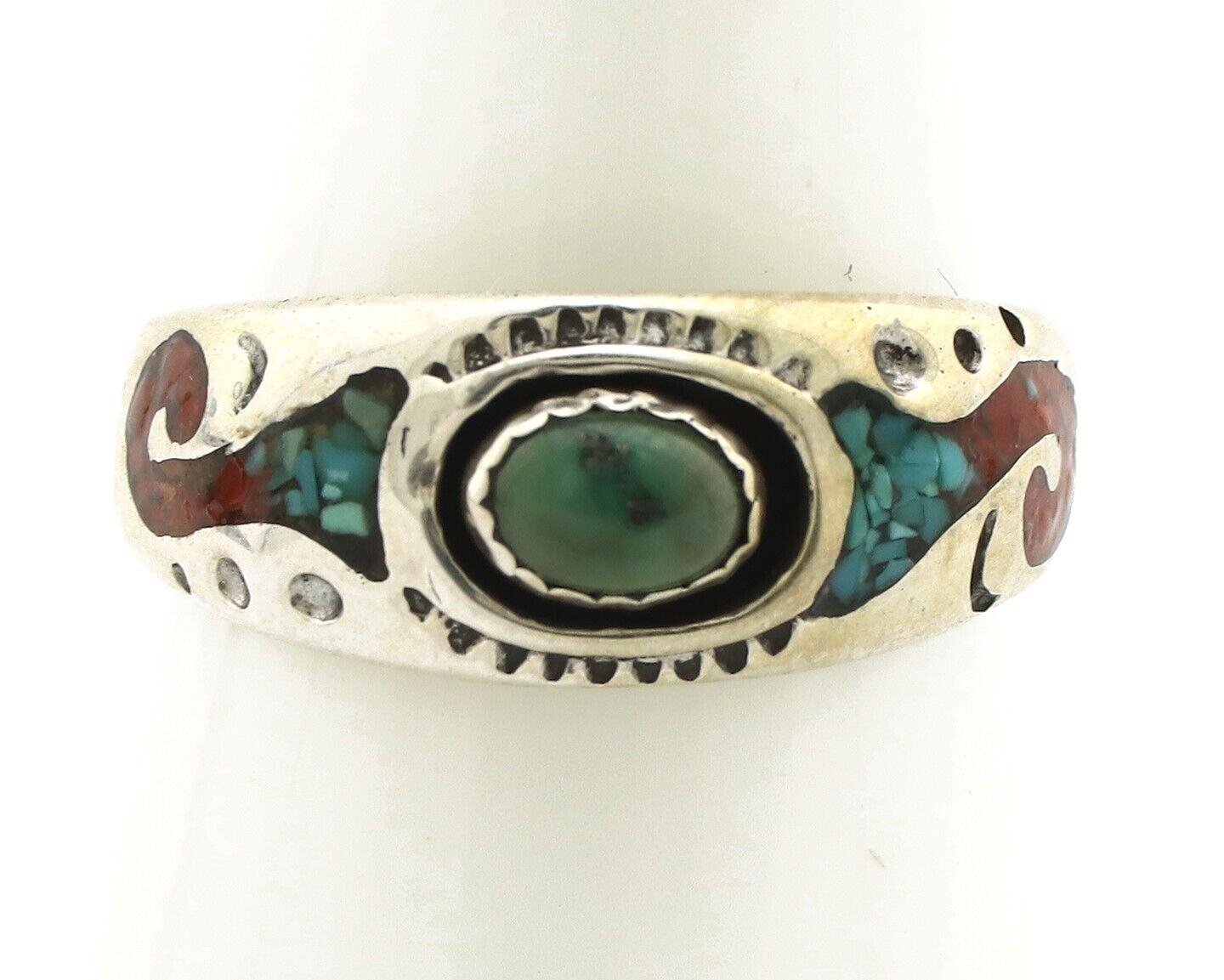 Navajo Handmade Ring 925 Silver Blue Turquoise & Coral Native American C.80's