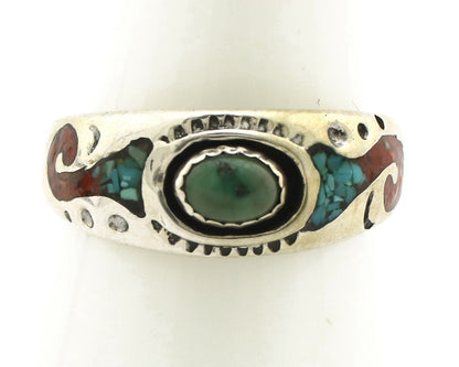 Navajo Handmade Ring 925 Silver Blue Turquoise & Coral Native American C.80's
