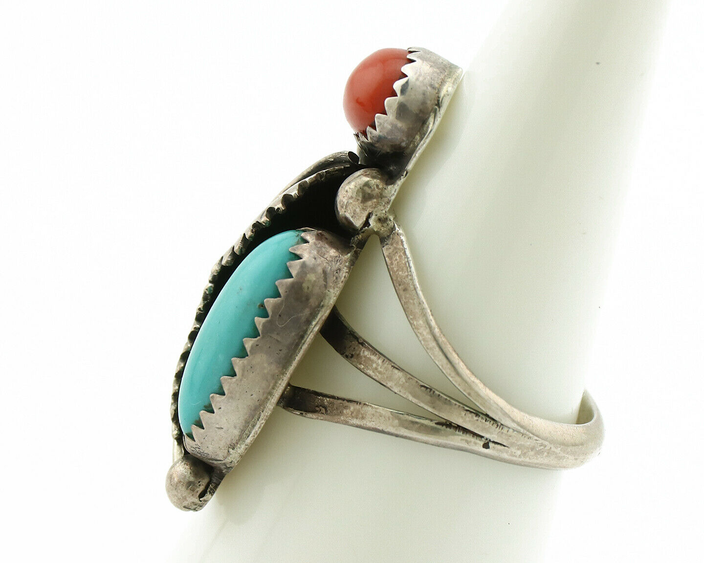 Navajo Ring .925 Silver Turquoise & Coral Native American Artist C.1980's