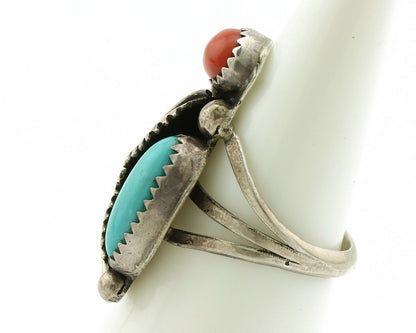 Navajo Ring .925 Silver Turquoise & Coral Native American Artist C.1980's