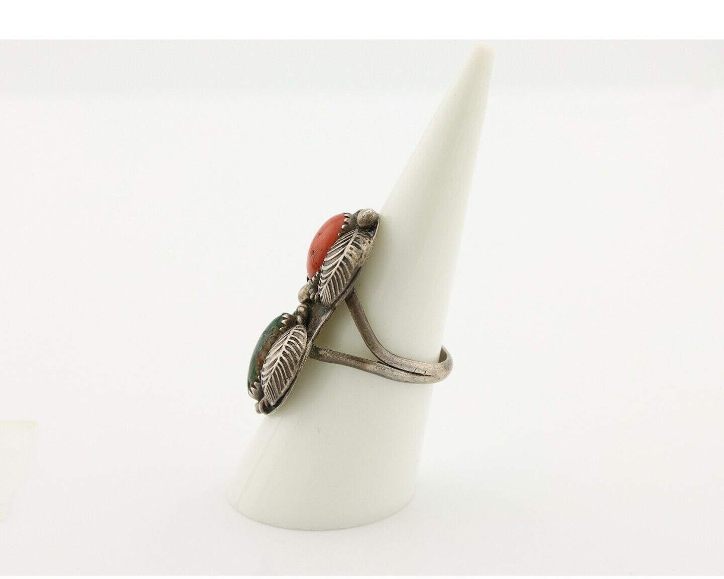 Navajo Ring 925 Silver Green Turquiose & Mediterranean Coral Native Artist C80s