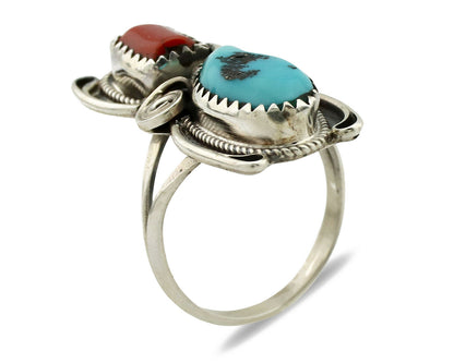 Navajo Ring .925 Silver Turquoise & Coral Artist Signed J Morris C.80's
