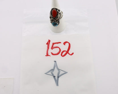 Navajo Handmade Ring 925 Silver Turquiose & Coral Artist Signed MP C.80's