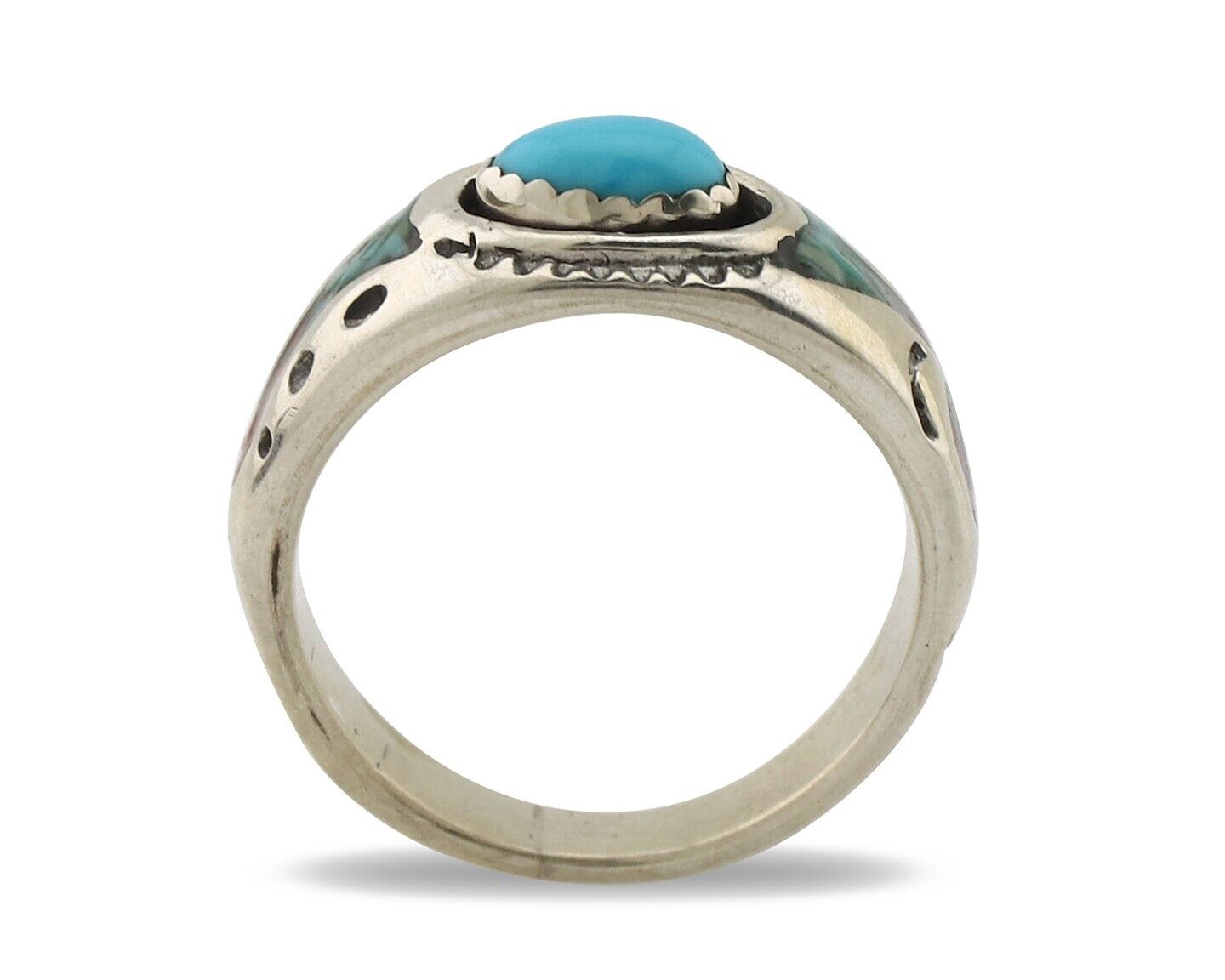 Navajo Inlay Band Ring 925 Silver Turquoise & Coral Native Artist C.80's