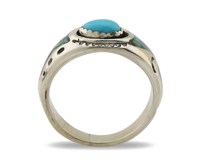 Navajo Inlay Band Ring 925 Silver Turquoise & Coral Native Artist C.80's