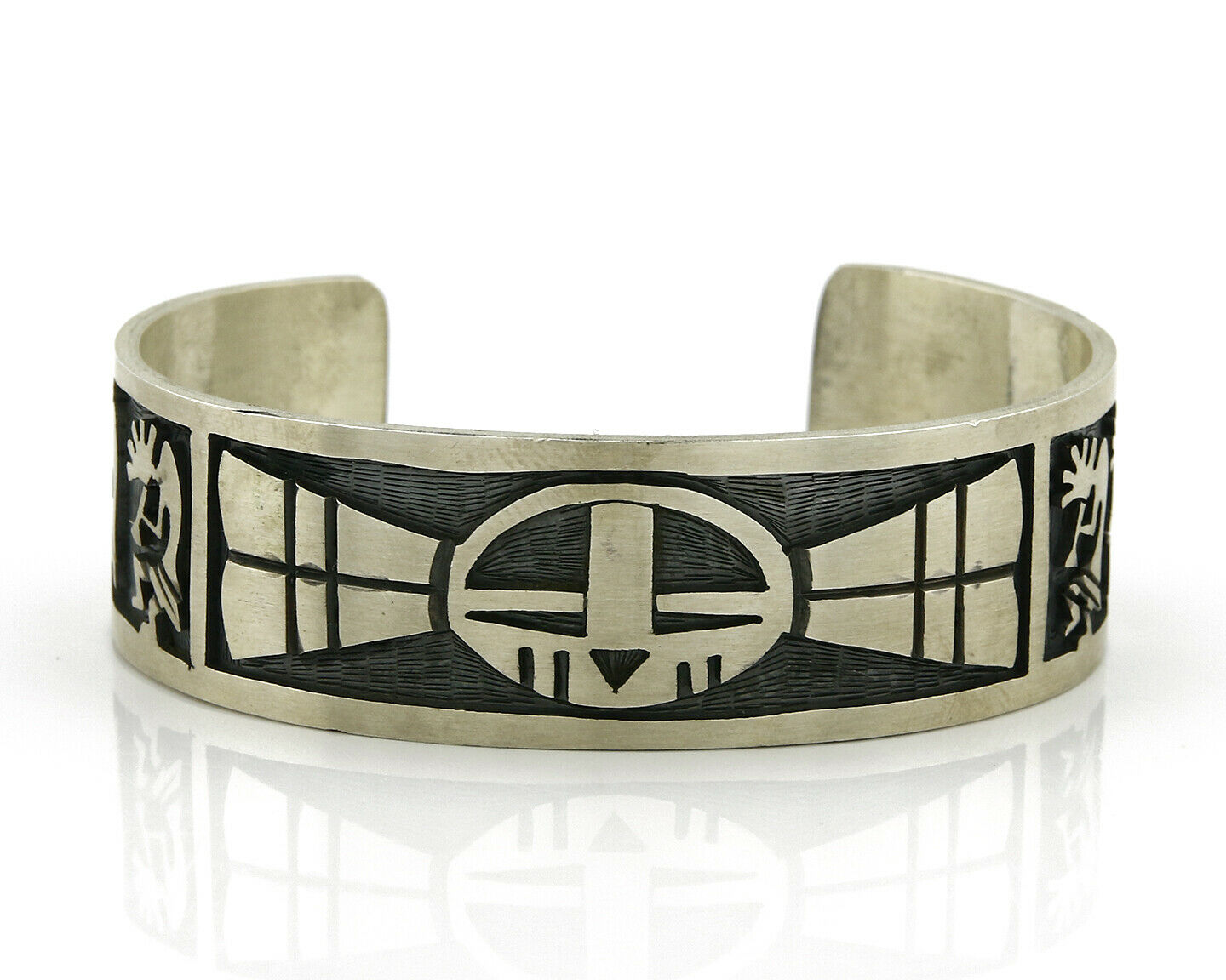 Hopi Bracelet .925 Silver Handmade Kokopelli Corn Sun Overlay Cuff