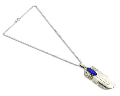 C.1990's Navajo Signed William Denetdale .925 Silver Lapis Feather Necklace