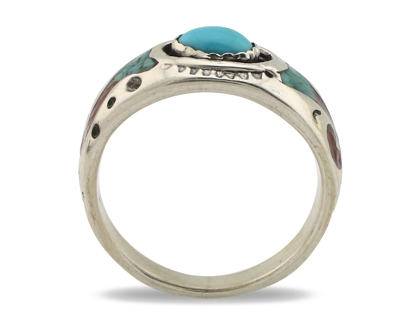 Navajo Inlay Band Ring 925 Silver Turquoise & Coral Native Artist C.80's