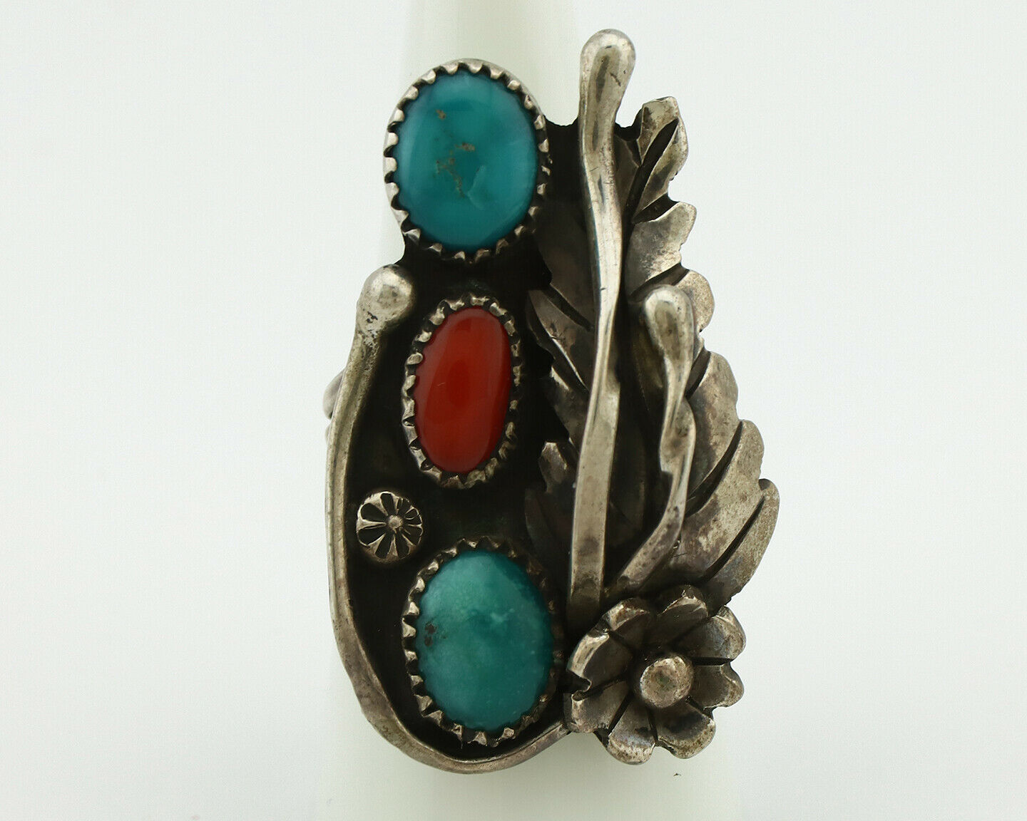 Navajo Ring .925 Silver Turquoise & Coral Native American Artist C.1980's