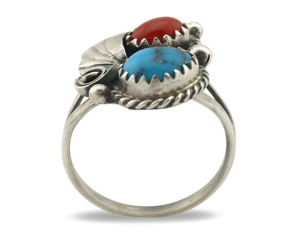 Navajo Ring .925 Silver Morenci Turquoise & Coral Native Artist Signed JM C.80's