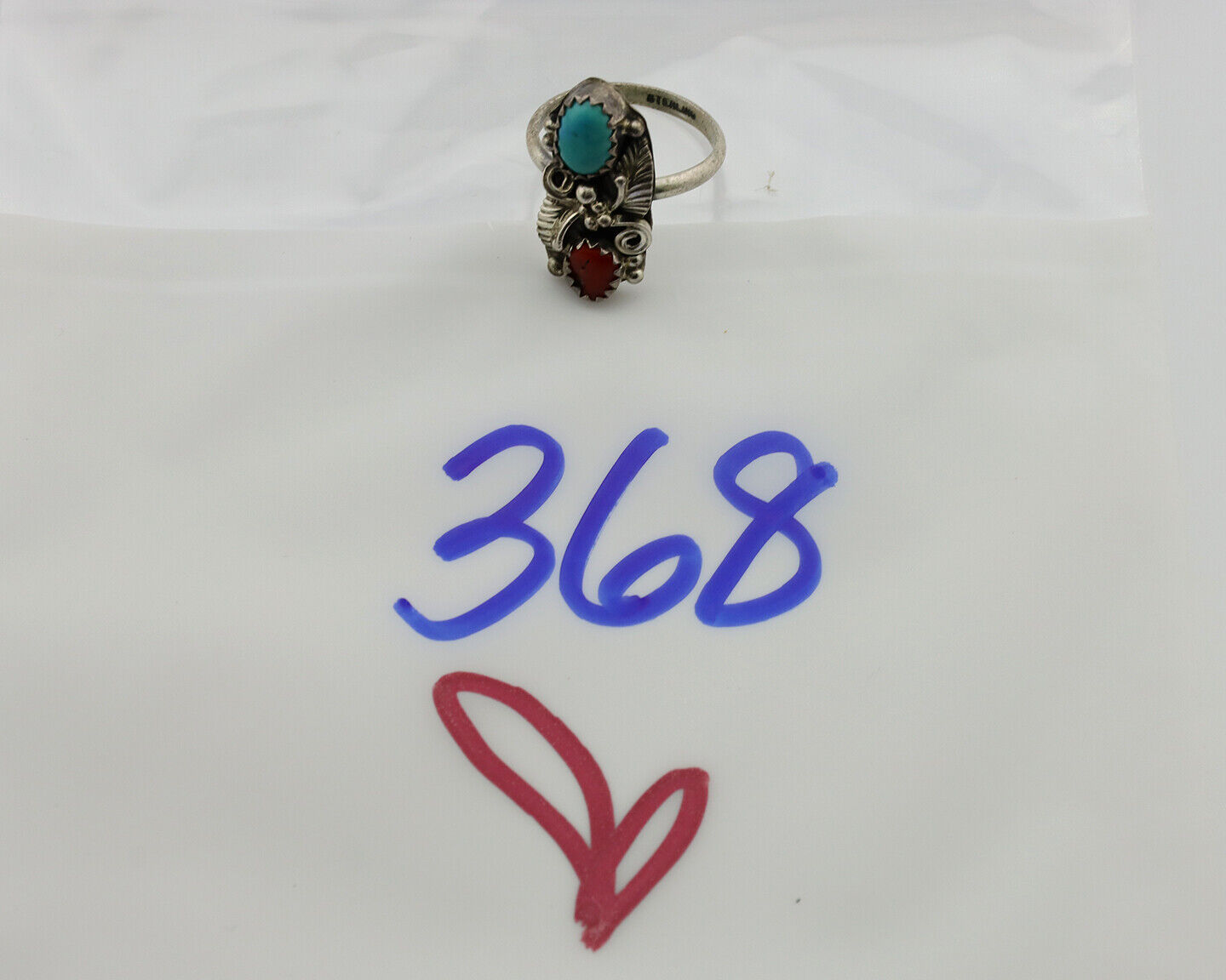 Navajo Ring 925 Silver Turquoise & Coral Artist Signed Native American C.80s