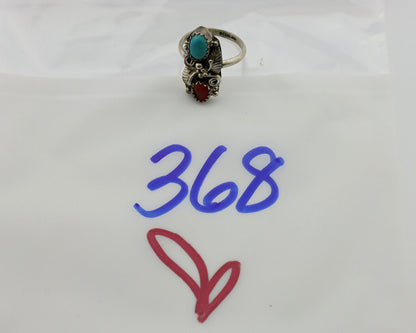 Navajo Ring 925 Silver Turquoise & Coral Artist Signed Native American C.80s