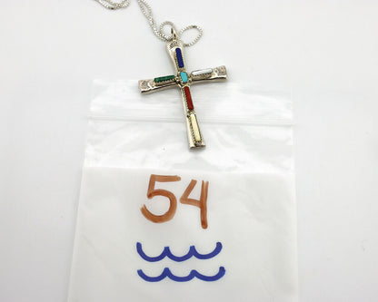 Zuni Handmade Cross Necklace 925 Silver Natural Gemstone Signed L. IULE C.80's