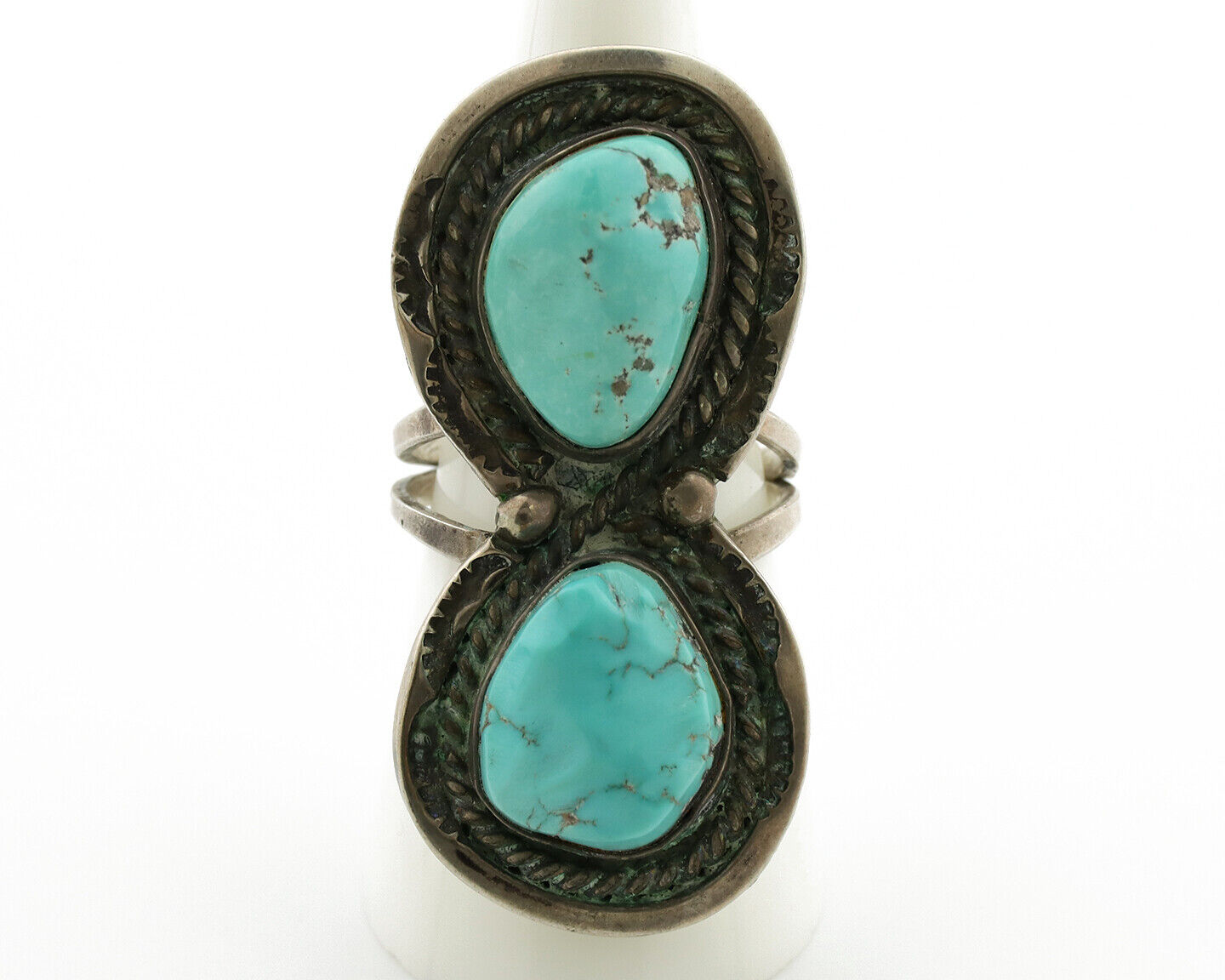 Navajo Ring .925 Silver Globe Turquoise Hand Stamped Native American Artist C80s