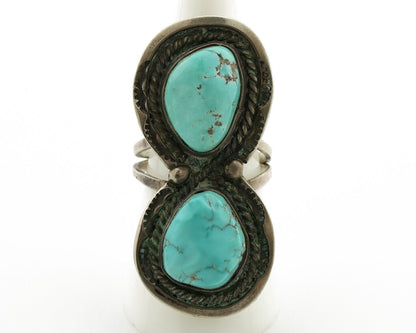 Navajo Ring .925 Silver Globe Turquoise Hand Stamped Native American Artist C80s