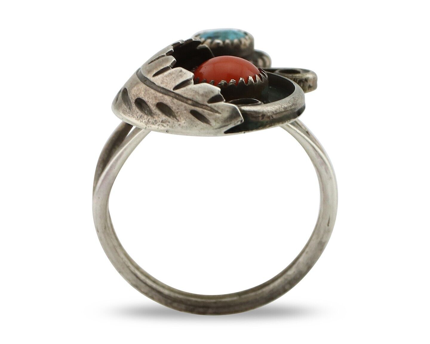 Navajo Handmade Ring 925 Silver Turquiose & Coral Native American Artist C.80's