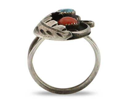 Navajo Handmade Ring 925 Silver Turquiose & Coral Native American Artist C.80's