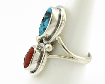 Navajo Ring .925 Silver Blue Turquoise & Red Coral Native American Artist C.80's