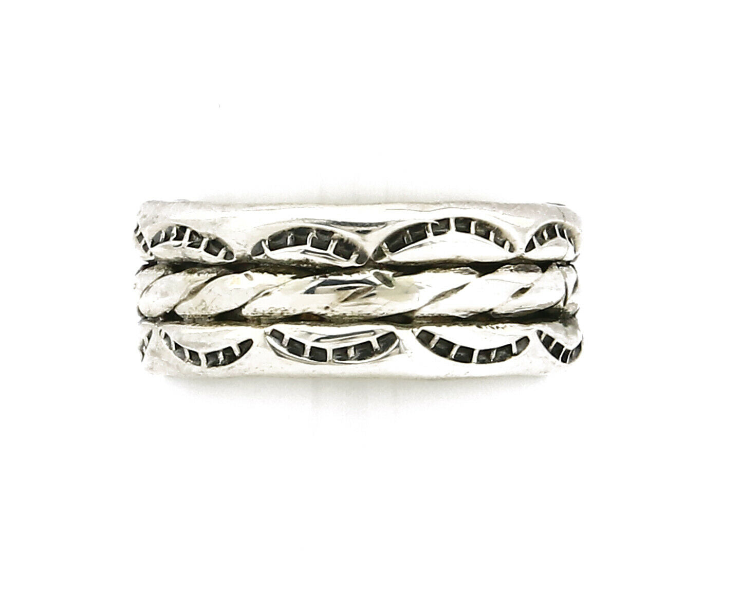 Navajo Ring .925 Silver Handmade Hand Stamped 3 Row Rope Band C.1980's Size 10.2