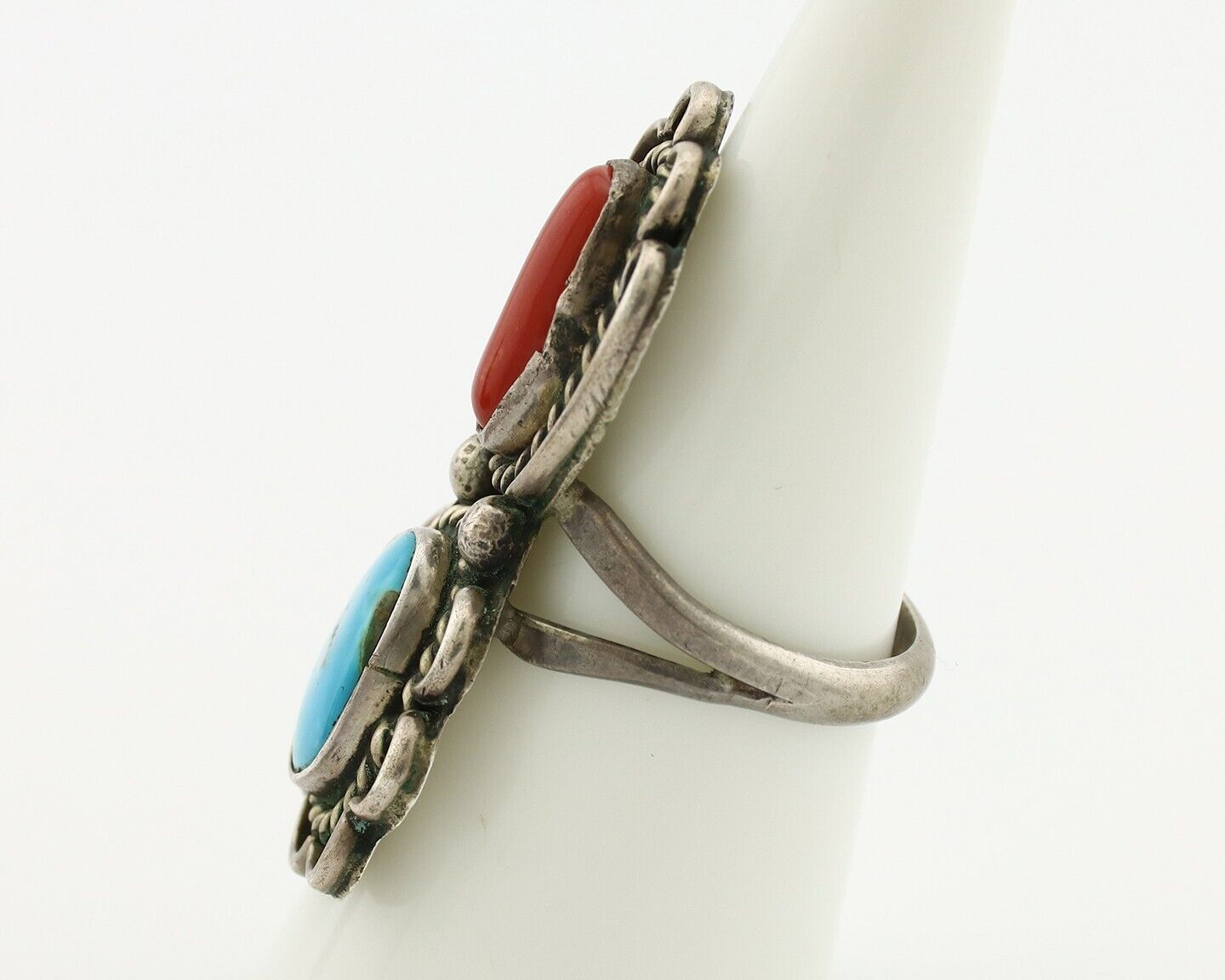 Navajo Ring 925 Silver Blue Turquiose & Mediterranean Coral Native Artist C.80's
