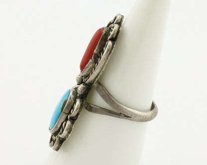 Navajo Ring 925 Silver Blue Turquiose & Mediterranean Coral Native Artist C.80's