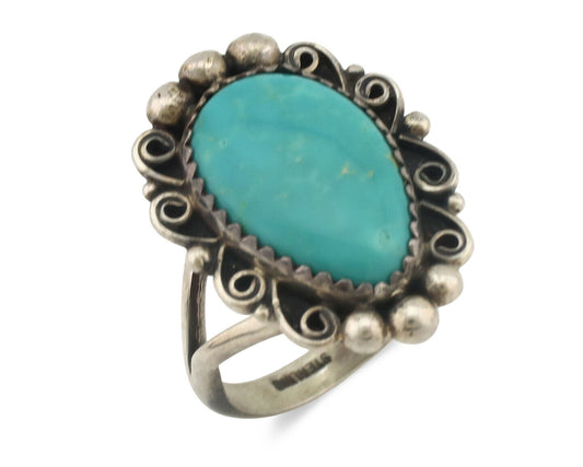 Navajo Ring .925 Silver Natural Mined Turquoise Artist Signed TALHAT C.80's