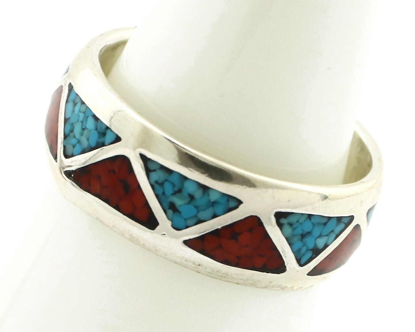 Navajo Chip Inlay Ring 925 Silver Sleeping Beauty Turquoise & Coral Silver Cloud