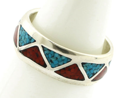 Navajo Chip Inlay Ring 925 Silver Sleeping Beauty Turquoise & Coral Silver Cloud