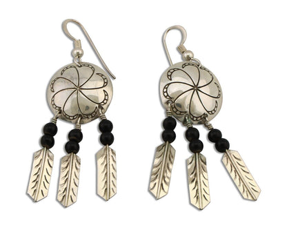 Navajo Earrings 925 Silver Natural Black Onyx Artist Signed T C.80's