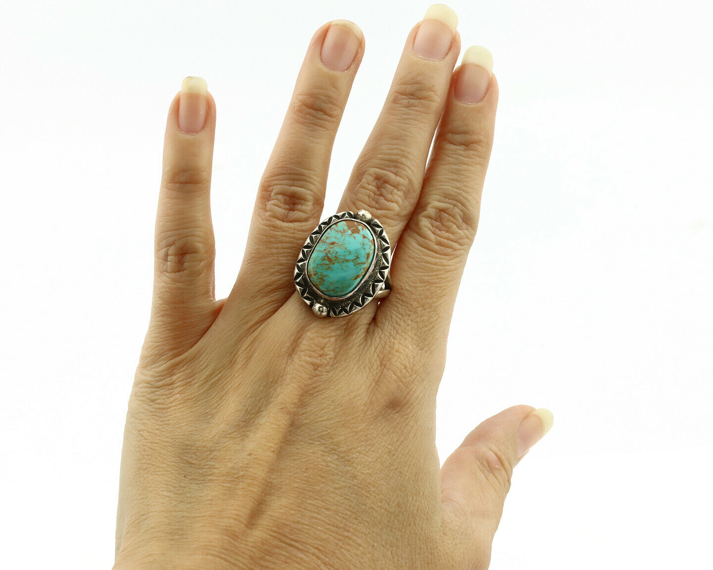 Navajo Ring .925 Silver Kingman Turquoise Artist Signed Gecko C.1980's
