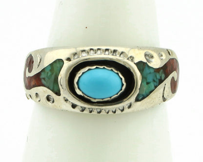 Navajo Handmade Ring 925 Silver Blue Turquoise & Coral Native American C.80's