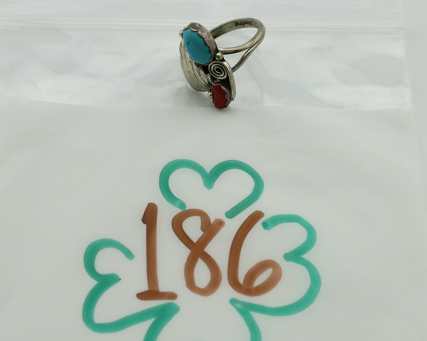 Navajo Ring .925 Silver Turquoise & Coral Native American Artist C.1980's
