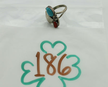 Navajo Ring .925 Silver Turquoise & Coral Native American Artist C.1980's