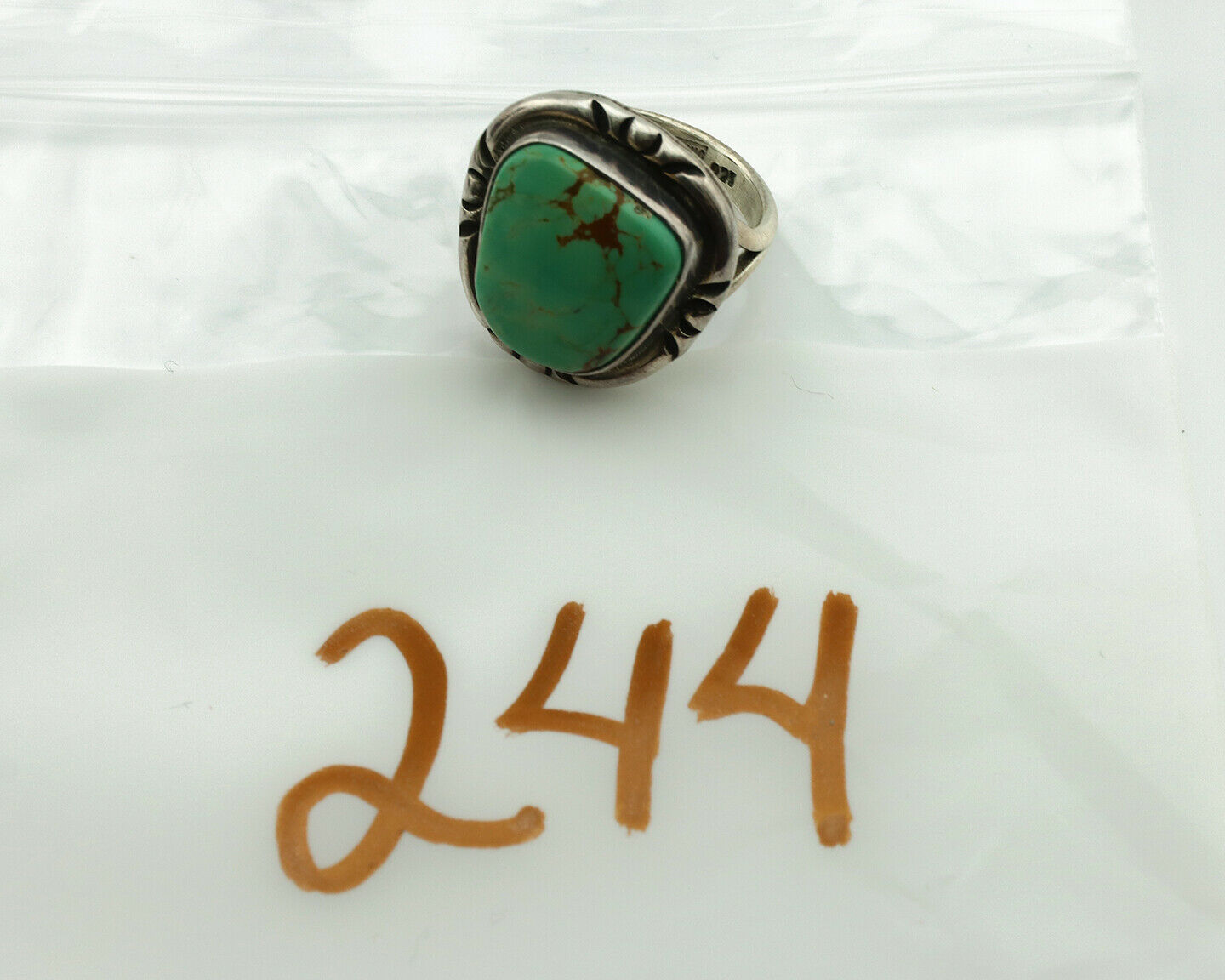 Navajo Ring .925 Silver Kingman Turquoise Artist Signed Gecko C.1980's