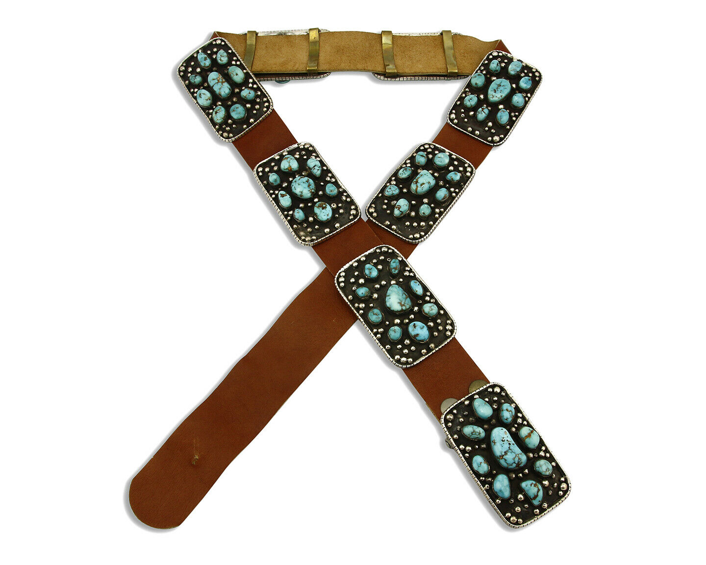 Navajo Concho Belt .925 Silver Blue Gem Turquoise Signed J.S. Circa 80's