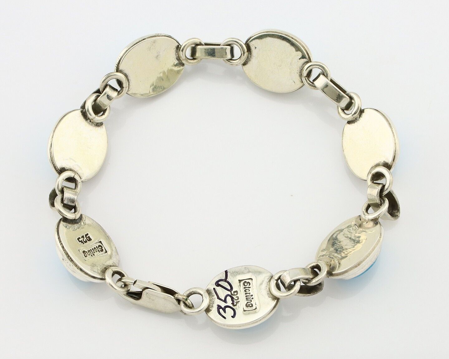 Navajo Link Bracelet .925 Silver Blue Turquoise Native American Artist C.80's