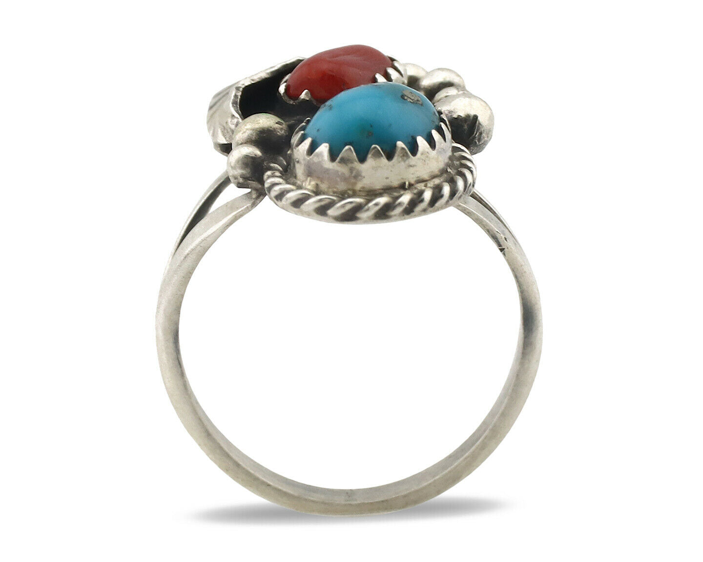 Navajo Ring .925 Silver Morenci Turquoise & Coral Native Artist Signed JM C.80's