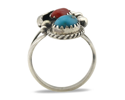 Navajo Ring .925 Silver Morenci Turquoise & Coral Native Artist Signed JM C.80's