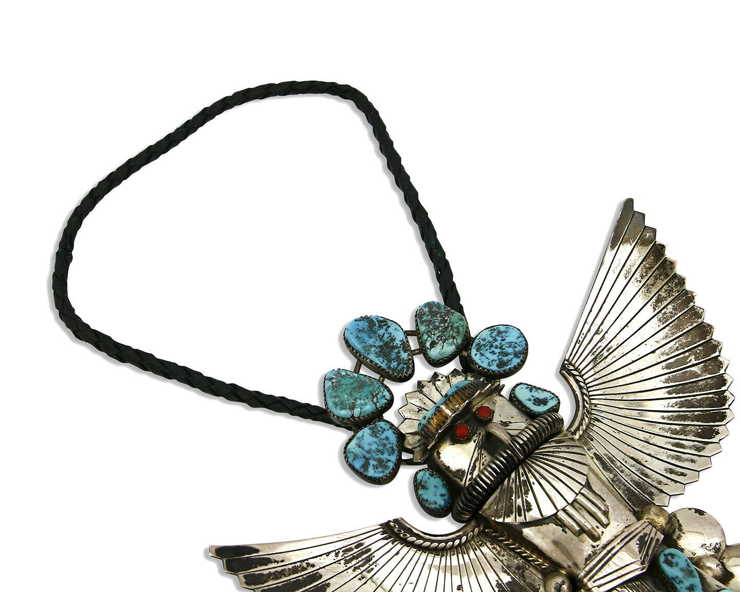 Navajo Kachina Dancer Bolo Tie Turquoise & Coral Signed M with Bent Arrow C.80's