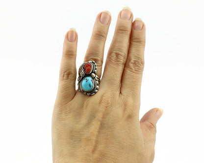 Navajo Ring .925 Silver Turquoise & Coral Artist Signed Thomas Singer C.80's