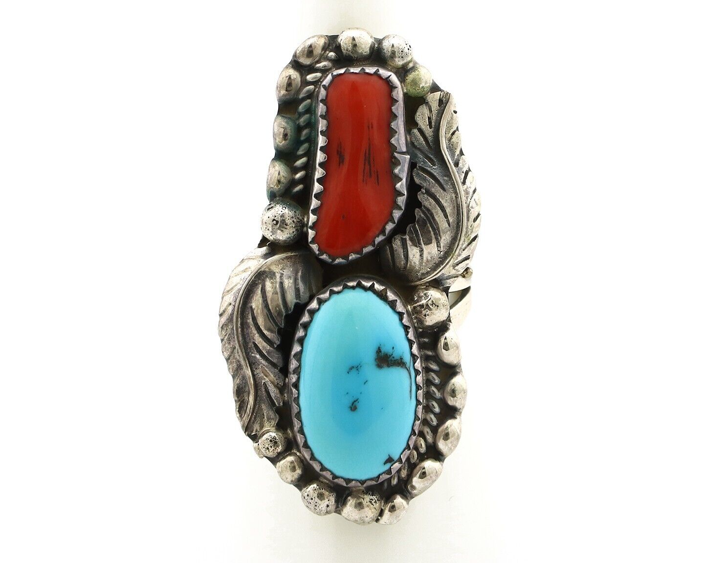 Navajo Ring 925 Silver Blue Turquoise & Coral Signed Stanley Bain C.80's