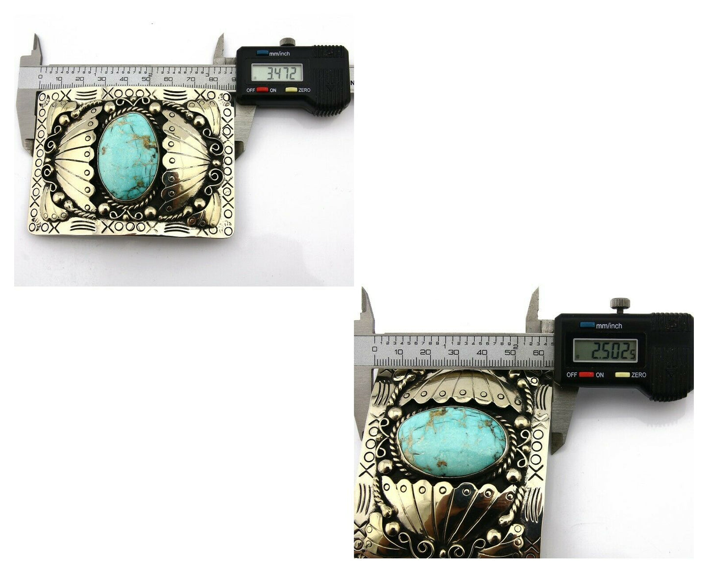 Navajo Belt Buckle .999 Nickle Silver Morenci Turquoise Native Artist C.80's