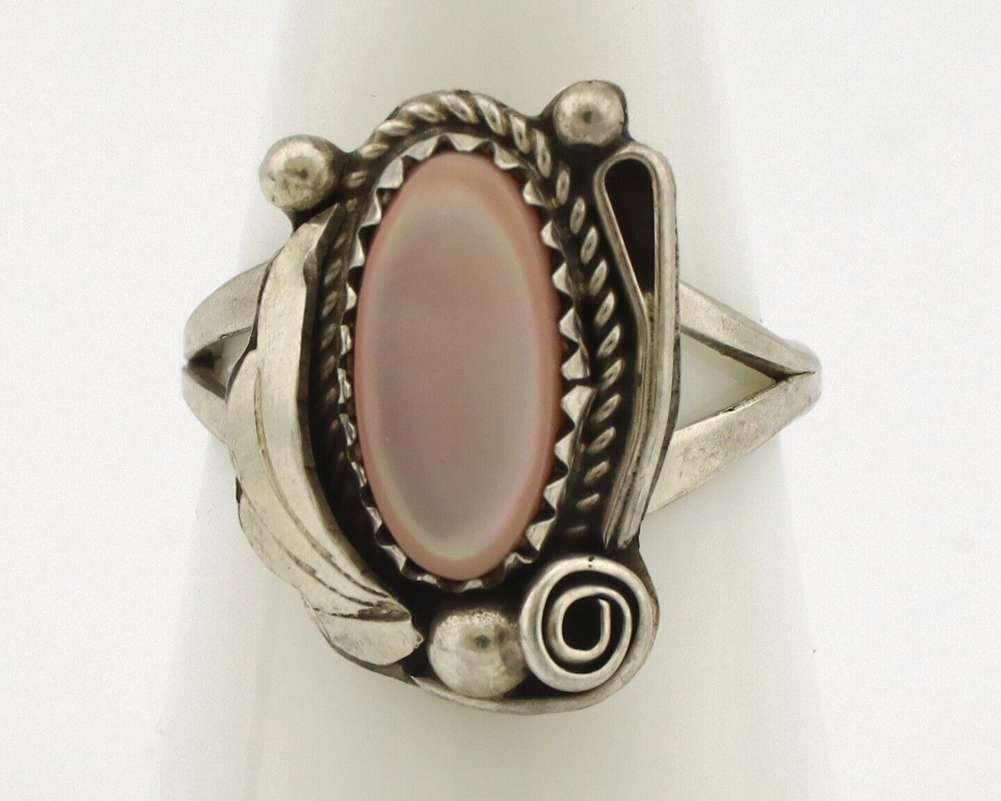 Navajo Ring .925 Silver Natural Pink Mussel Artist Signed Justin Morris C.80's