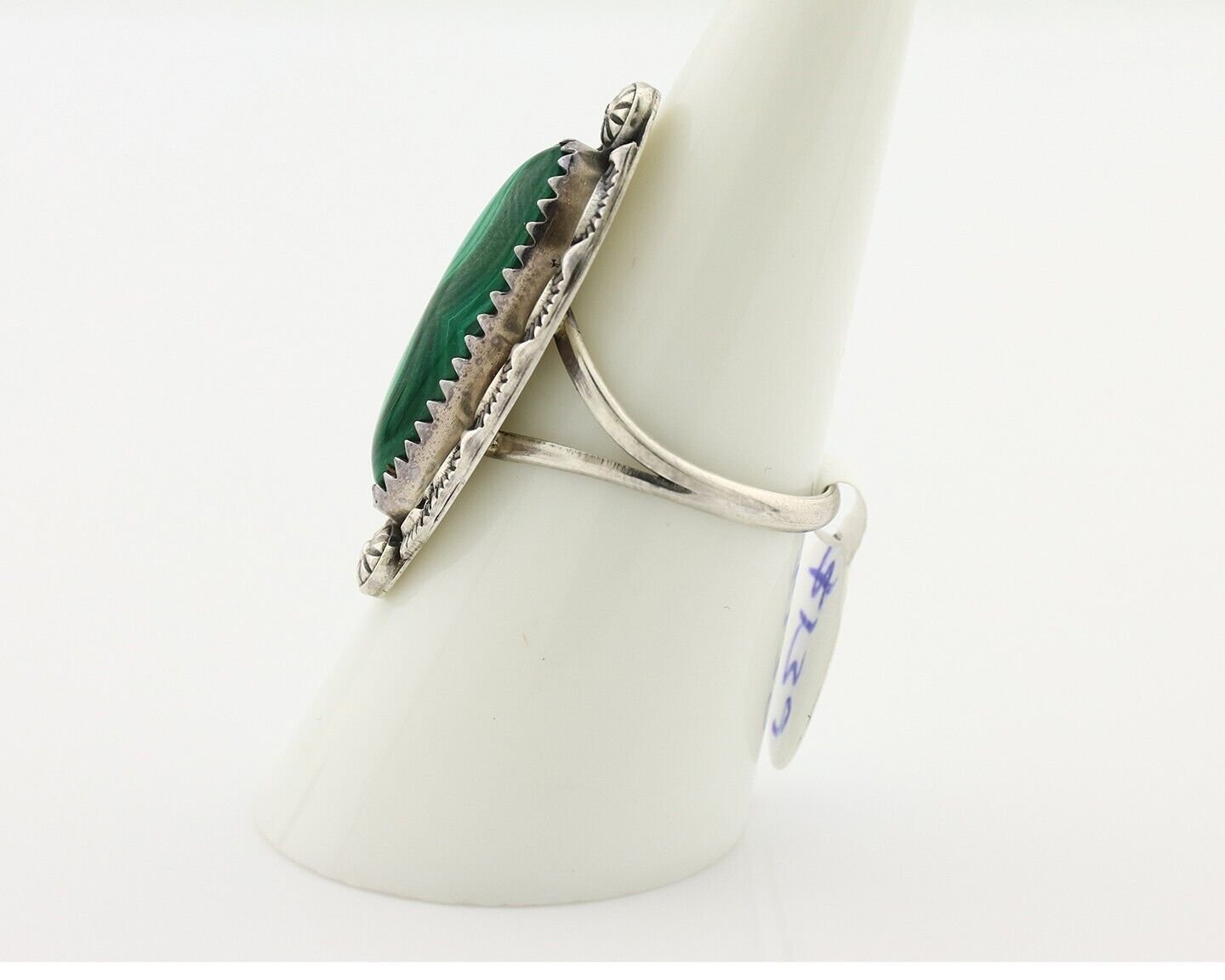 Navajo Ring .925 Silver Malachite Hand Stamped Signed Herman Lee C.80's