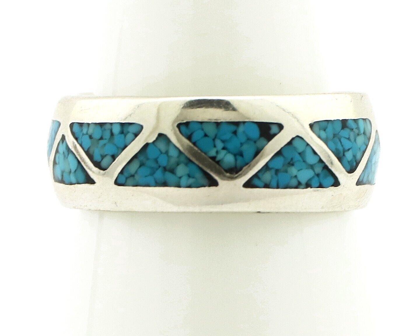 Navajo Chip Inlay Ring 925 Silver Sleeping Beauty Turquoise Artist Silver Cloud