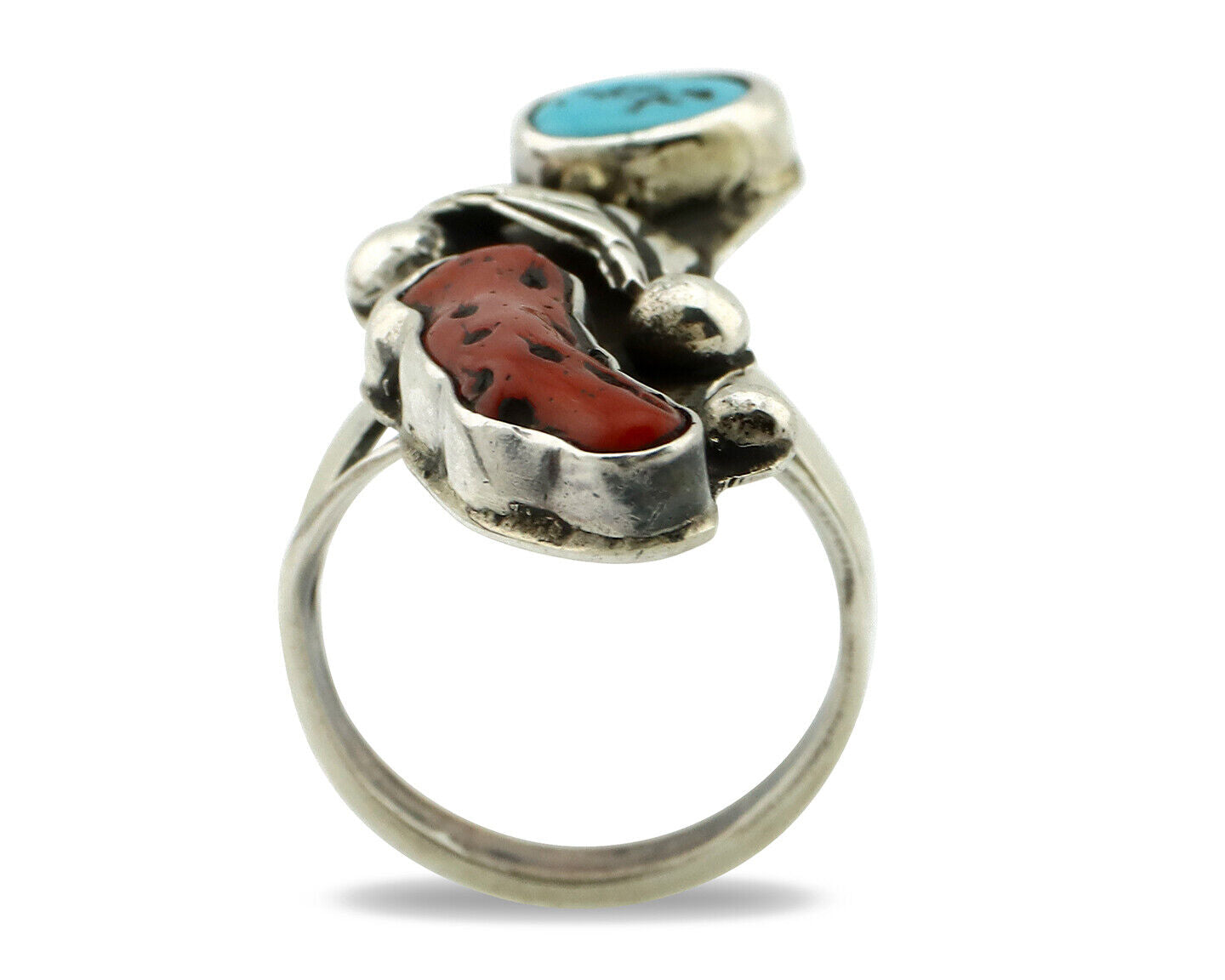 Navajo Ring 925 Silver Coral & Sleeping Beauty Turquoise Native Artist C.80's