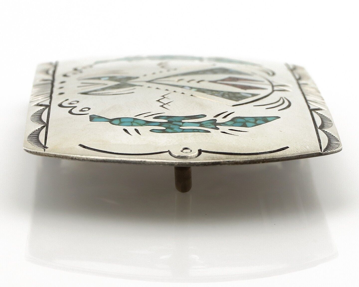 Navajo Belt Buckle 925 Silver Handmade Chip Inlay Artist Signed Henry Baca C.80s