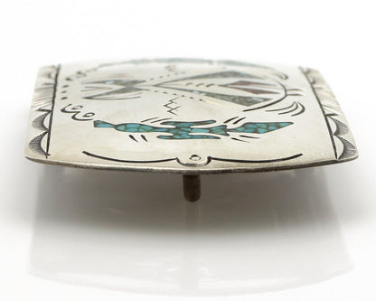 Navajo Belt Buckle 925 Silver Handmade Chip Inlay Artist Signed Henry Baca C.80s